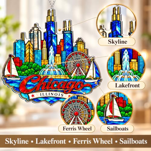 Centoleo Chicago Skyline Travel Ornament – 4.7 In Flat Acrylic, Hanging Chain Included