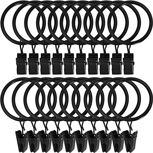 Heavy Duty Black Metal Curtain Rings with Clips, 1.5 Inch - 20 Pack