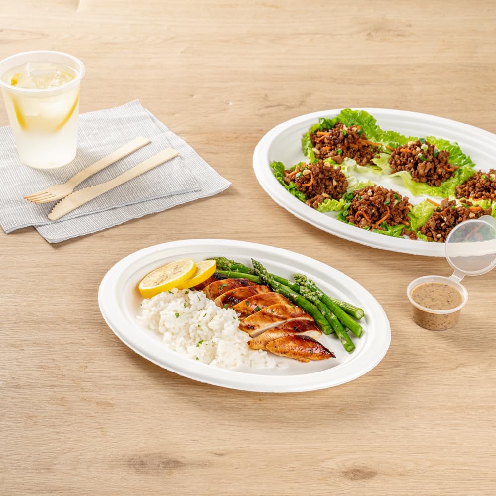 Restaurantware Pulp Safe No PFAS Added 10.4 x 7.8 Inch Medium Oval Plates 100 Disposable Plates - Home Compostable Microwavable And Freezable White Bagasse Plates For Hot And Cold Foods