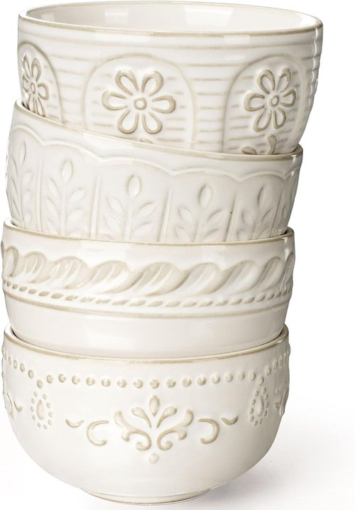 Artena Ceramic Dessert Bowls Set of 4 | 12 oz Embossed White Bowls for Ice Cream & Cereal - Microwave & Dishwasher Safe