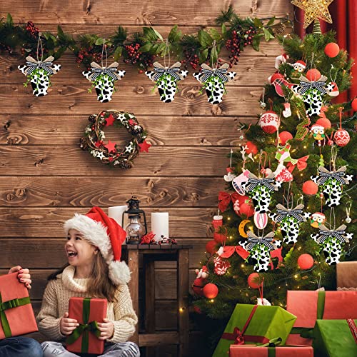Cow Print Christmas Ornaments Set - 12 Wooden Holiday Decorations with Bows, Black