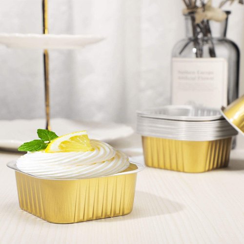 EUSOAR Mini Baking Cups, 5oz 100pcs Gold Aluminum Foil Dessert Cups Ramekins with Lids Cake Pan Tin for Creme Brulee Pudding Pie Cheese, Cupcake Liners for Wedding Christmas Party