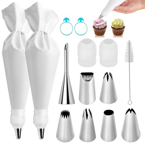 14-Piece Reusable Piping Bags and Tips Set- Cotton Baking Kit with Coupler, Stainless Steel Nozzles,Silicone Cable Ties& Cleaner for Cakes/Cupcakes/Cookies Decorating (14)