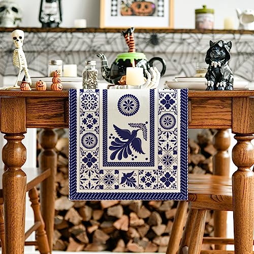 Artoid Mode 13 x 72 inch Floral Bird Table Runner Blue Patchwork Tiles