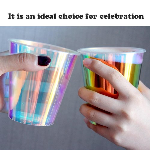 MnhoMnrn 25 Pcs Iridescent Clear Plastic Cups 12oz Fancy Thick Neon Disposable Drinking Cups Cute Glitter Holographic Hard Plastic Cup for Party Decoration (Clear)