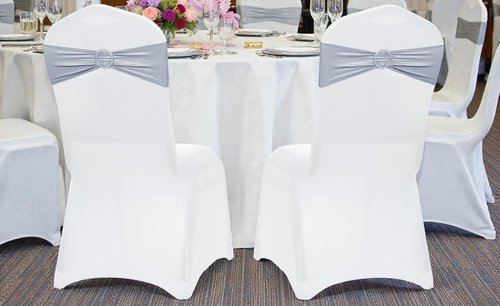 MDS Spandex Foil Chair Sashes - Universal Elastic Stretch Bands with Buckle for Weddings | Metallic Silver - Pack of 50