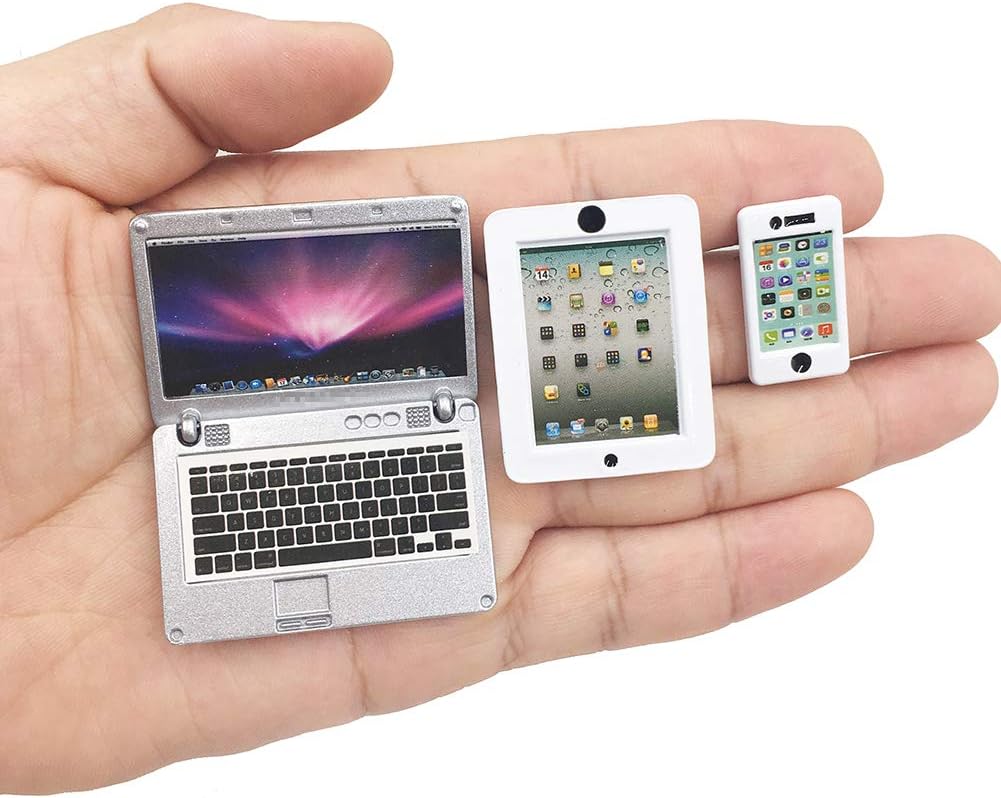 Skiennix Dollhouse Mini Laptop, Tablet & Smartphone Set - 3 Pack Silver Accessories for 1/6 & 1/12 Scale