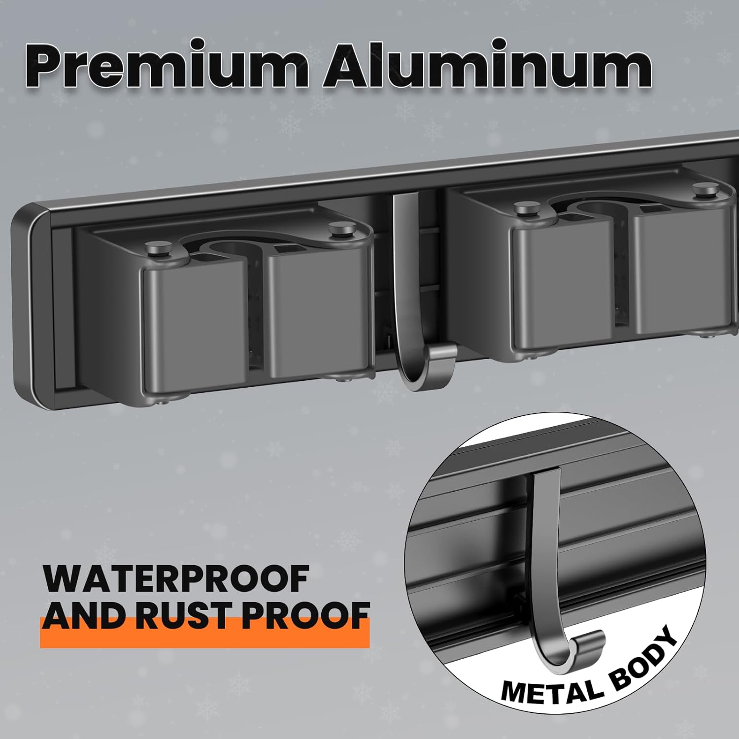 Organize with Skiennix Broom Holder Wall Mount - 4 Racks & 3 Hooks for Kitchen, Garden, Laundry | Grey