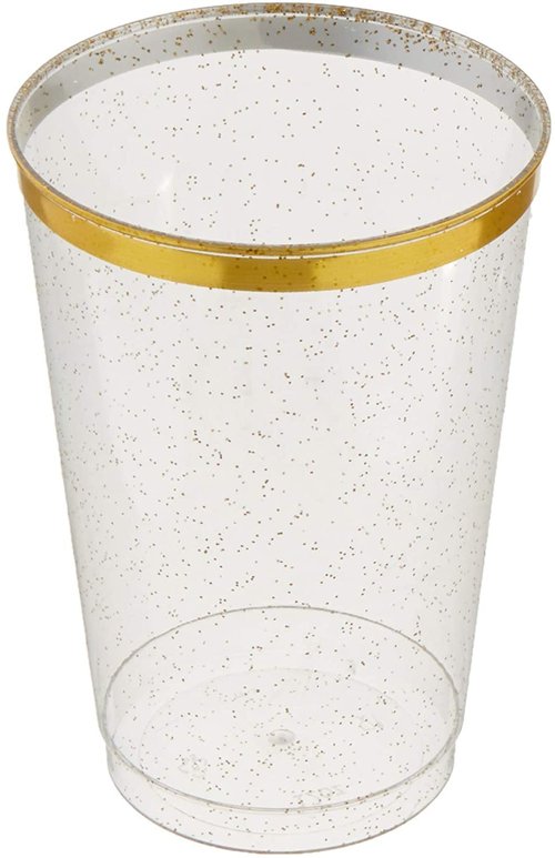 12oz Hard Plastic Party Cups – Perfect for Home, Office, Bars, Weddings, Showers, Birthdays, Anniversaries, and Parties Durable & Stylish Old Fashioned Tumblers (Gold Glitter with gold rim, 50 Pack)