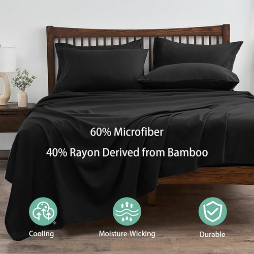 **LINENLINE Full Sheet Set - 6-Piece Cooling Bamboo Rayon Sheets with 4 Pillowcases | Soft, Breathable, 16" Deep Pocket - Black**