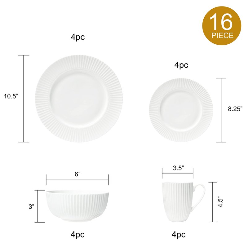 Dinnerware, 16 Piece Set Bone China, Service for 4, White Embossed stripe Dishes, Microwave Safe, Chip Resistant, Dishware, For Formal Casual and Everyday Living, Plates and Bowls Set