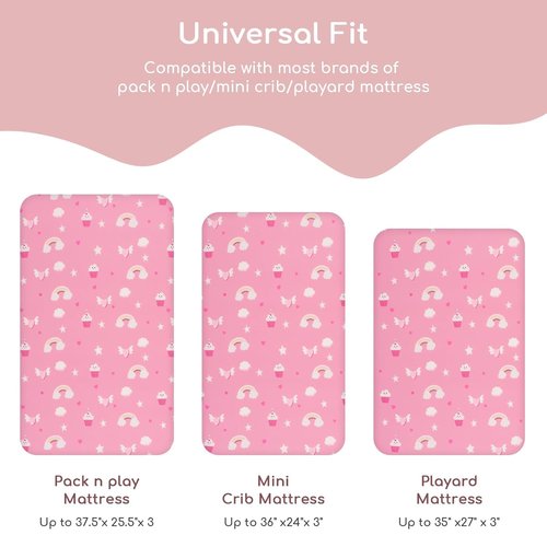 Yukkidds Pack and Play Sheets Fitted Mini Crib Sheets for Pack N Play Mattress Stretchy Sheet for Playpen and Playard Bedding Soft Breathable 2 Pack Pink Unicorn