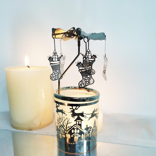 Kingnero Carousel Candle Holder - Spinning Metal Tea Light Candlestick for Home Decor | Christmas Socks Silver