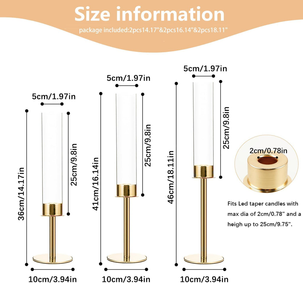 VINCIGANT 6-Piece Acrylic Candle Holder Set - Elegant Metal Tall Holders with Acrylic Lampshade for Weddings & Parties | Gold