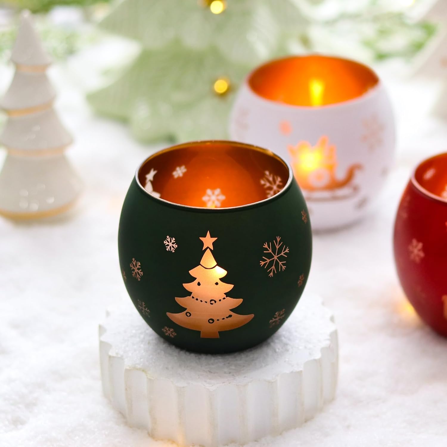 Skiennix Christmas Candle Holders - Set of 4 Frosted Glass Tealight Votives | Holiday Table Centerpiece (Red, Green, White)