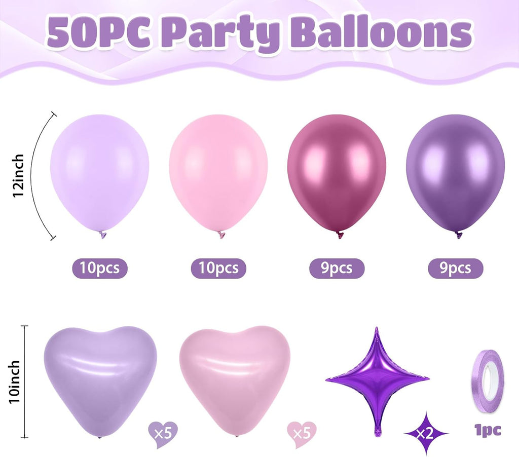 Skiennix 50pcs Pink & Purple Balloons - Macaron Heart Latex & Foil Star Balloons for Birthday & Baby Shower Decor
