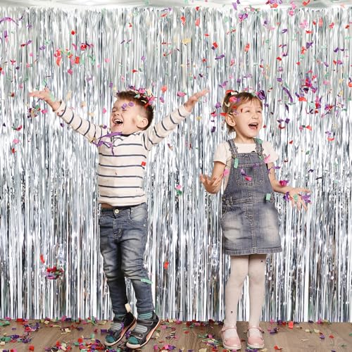 GOER Silver 3.2ft x 8.2ft Metallic Foil Fringe Curtain Party Backdrop - 1 Pack