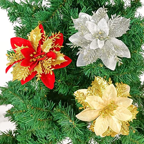 12-Pack 5.5-Inch Silver Glitter Poinsettia Christmas Tree Ornaments