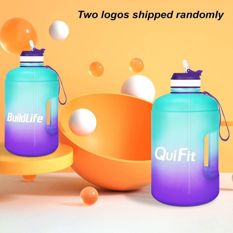 QuiFit Motivational Gallon Water Bottle - with Straw & Time Marker BPA Free Large Reusable Sport Water Jug with Handle for Fitness Outdoor Enthusiasts Leak-Proof (Green/Purple,1 gallon)