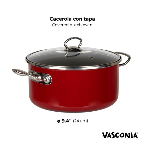 Vasconia Elegance 6-Quart Dutch Oven with Glass Lid Dishwasher, Grill & Oven Safe up to 480℉ (Enamel on Steel) Nonstick Interior, Stainless Handles, Great for Baking, Roasting & Stewing (Dark Red)