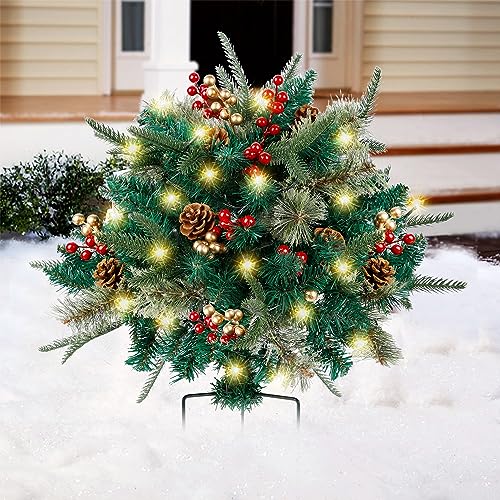 Glintoper Color A Lighted Artificial Christmas Urn Filler with Pre-lit Pine Trees & Berries