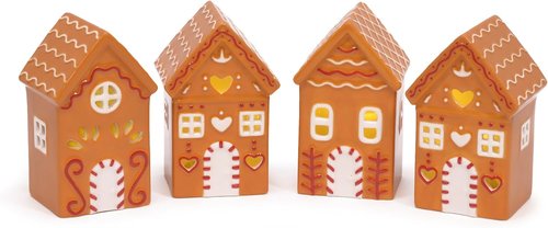 Mark Feldstein & Associates Ceramic Gingerbread Village Houses - LED Lit, 4-Inch, Set of 4