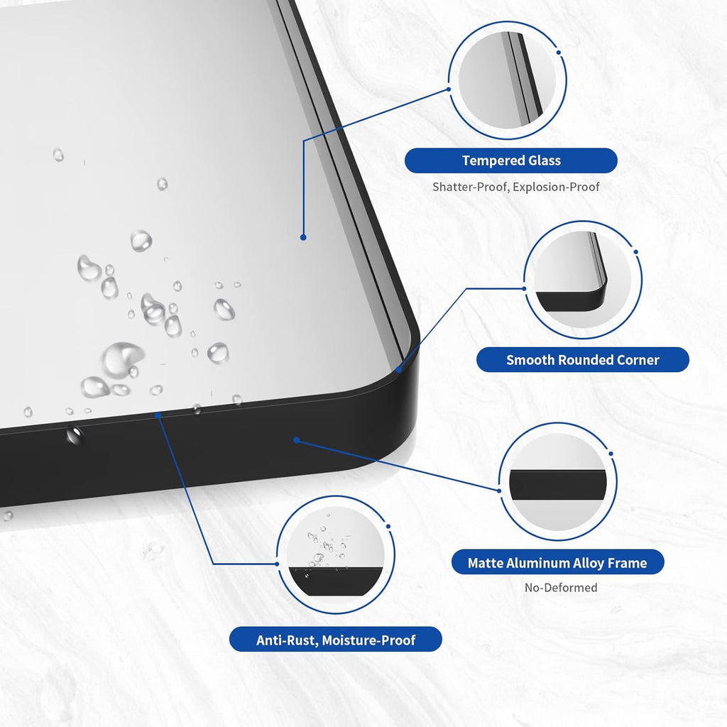 WEER Black Bathroom Mirror - 55x30 Inch Rounded Rectangle Matte Black Frame | Anti-Rust Tempered Glass