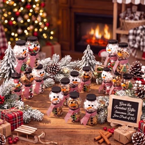 Jingmore 100 Pcs Christmas Snowman Candy Jars with Lids and 10m Red White Gingham Ribbon - Red/White