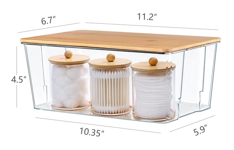 Hudgan Plastic Storage Containers with Bamboo Lids, Medicine Cabinet Organizer Drawer Organizers Clear Bins with Lids for Organizing Pantry or Bathroom - 4.5 Inches Tall - Set Of 4