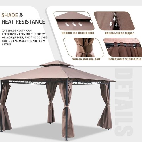 FDW Outdoor Patio Gazebo - Heavy Duty Steel Frame Canopy with Double Roof & Privacy Curtains | 10'x13' (Brown)