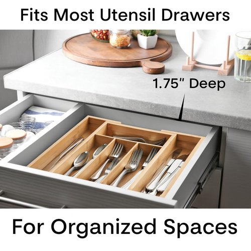 HIC Kitchen Expandable 6-Slot Silverware Cutlery Utensil Storage Tray, Natural Bamboo, Opens to 14-Inches