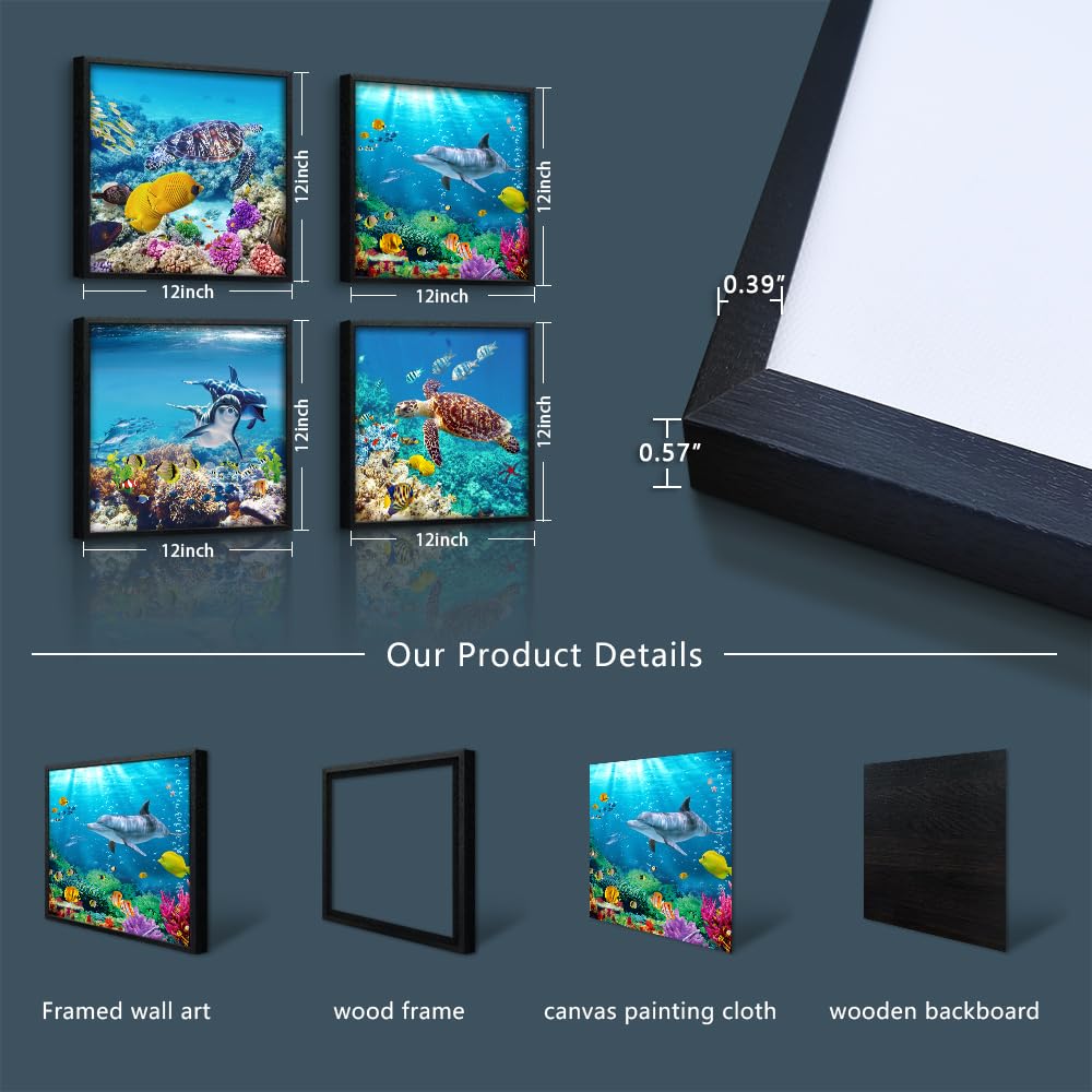 Set Of 4 Piece Black Framed Wall Art For Living Room Family Bedroom Wall Pictures Artwork Bathroom Wall Decor Coral Sea Fish And Turtles Blue Ocean Theme Painting Ready to Hang Modern Home Decor