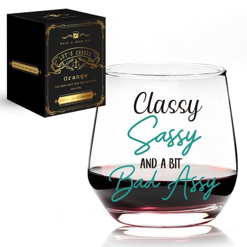 QIMIUTB Classy Sassy and a Bit Bad Assy Stemless Wine Glass, Funny Long Distance Friendship Birthday Christmas Wine Glass Gifts for Man Best Friend Son Coworkers Boss Dad Husband Grandpa-49