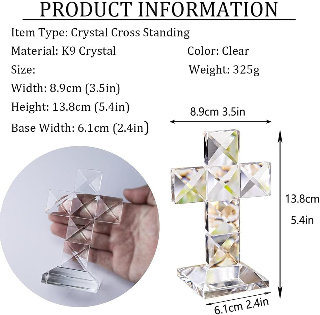 QFkris Crystal Standing Cross - 5'' Tall Clear Glass Tabletop Figurine | Christian Decor Gift
