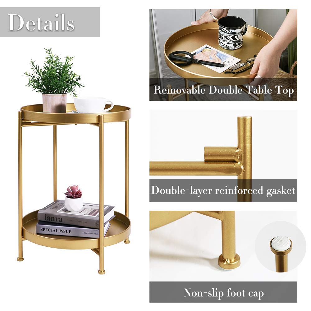 Tiita 2 Pack Round End Table Mental Side Table Nightstand/Small Wood Tables Accent Coffee Table with Wooden Tray for Living Room Bedroom Office Small Space