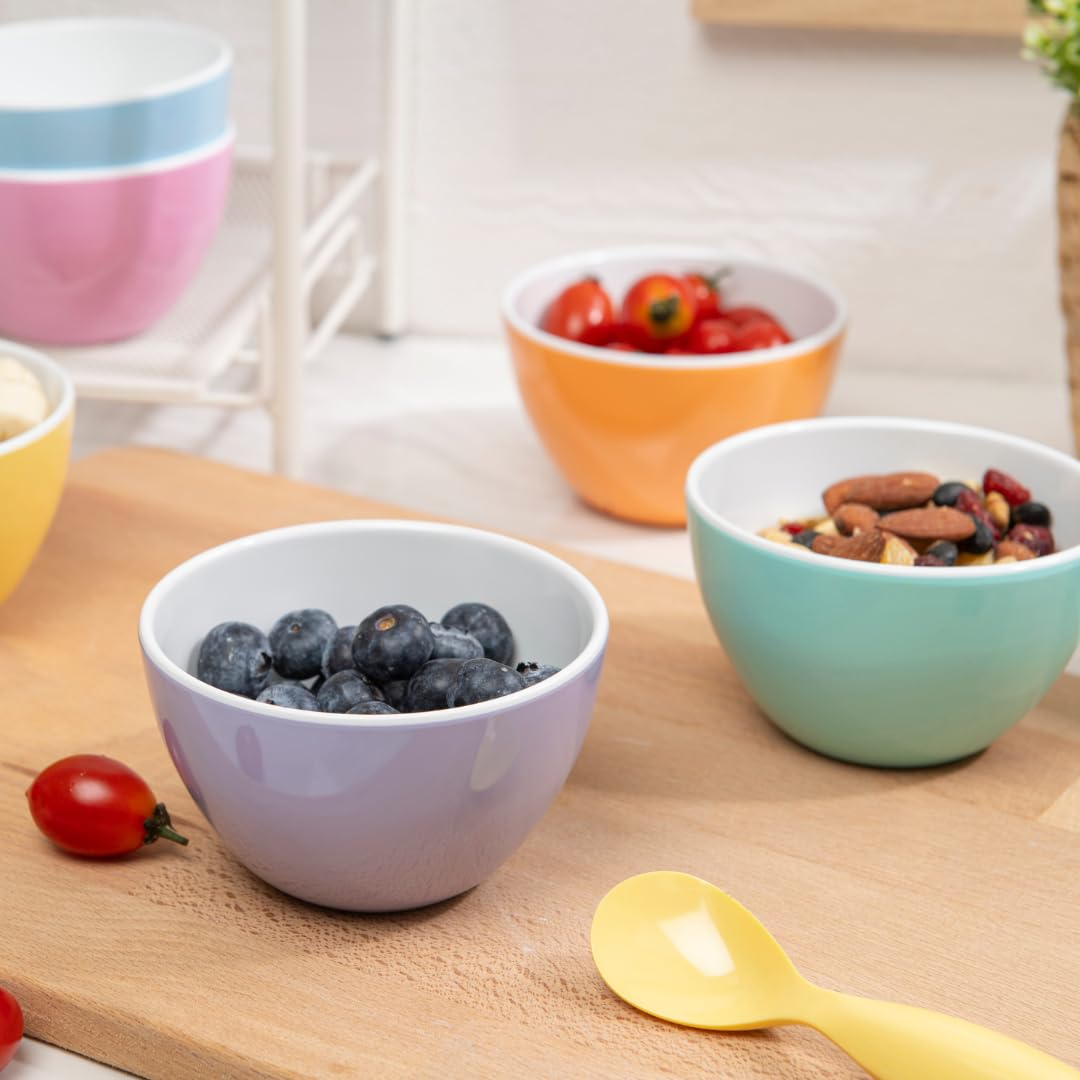 bzyoo Set of 6 Small ColorPop Melamine Bowls, 4.25" 11.8 OZ for Dessert, Prep, Dipping Sauce, Ice Cream, Side Dishes, Snacks, Soups, Salads - Pastel