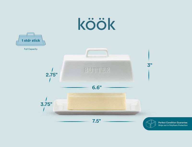 Kook Ceramic Butter Dish with Lid, Kitchen Countertop Butter Keeper, Serving Tray with Cover, Storage Container, Holds 1 Stick, Microwave and Dishwasher Safe, White