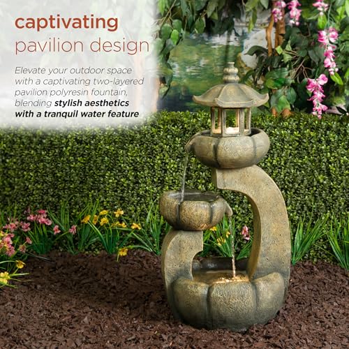 32-Inch 2-Tier Pagoda Fountain with LED Lights for Garden and Patio