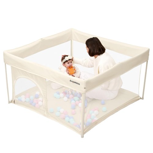 Foldable Baby Playpen by Regine Switzerland - Portable 50"×50" Play Yard with Breathable Mesh & ASTM F406 Certified (Beige)