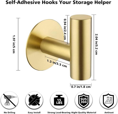Bntuk Adhesive Hooks - Stainless Steel Waterproof Towel Holders for Bathroom & Kitchen | 2 Pack, Gold