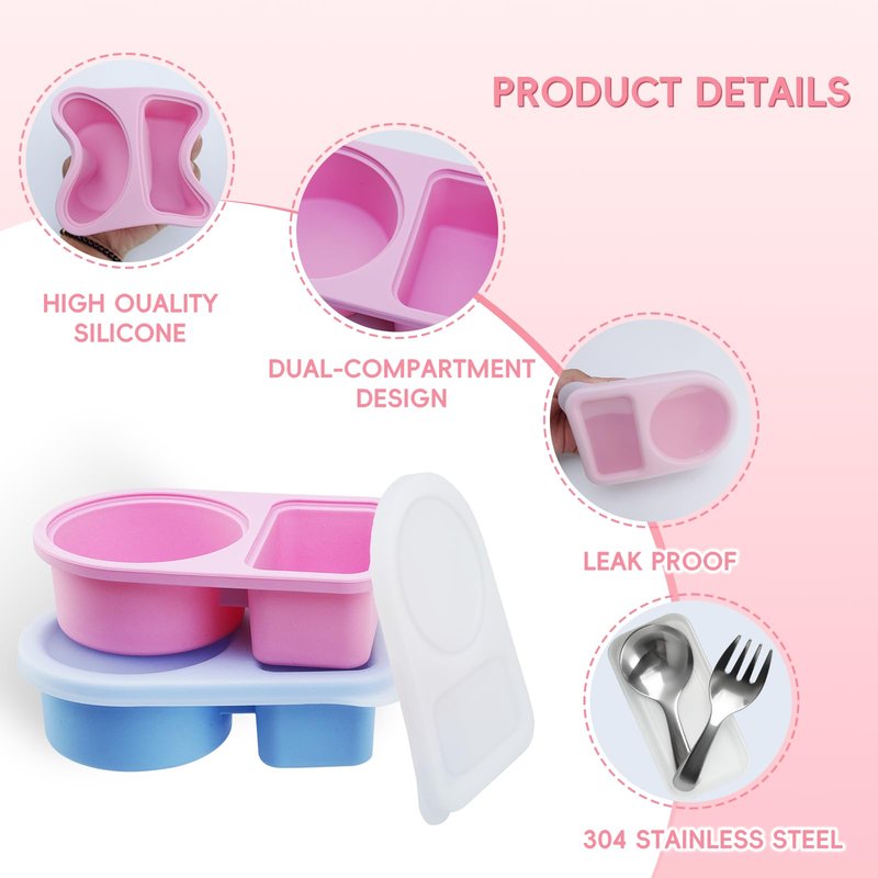TZona 3 Pcs Reusable Snack Containers With Lids,Silicone Snack Containers,Meal Prep Containers,8 Oz Silicone Lunch Box,Includes 304 Stainless Steel Fork & Spoon(3 Color)