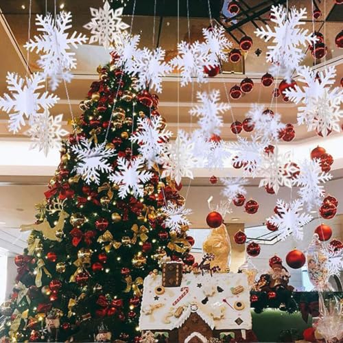 3D White Glitter Hanging Snowflake Ornaments & Garland Set (24 Pcs)