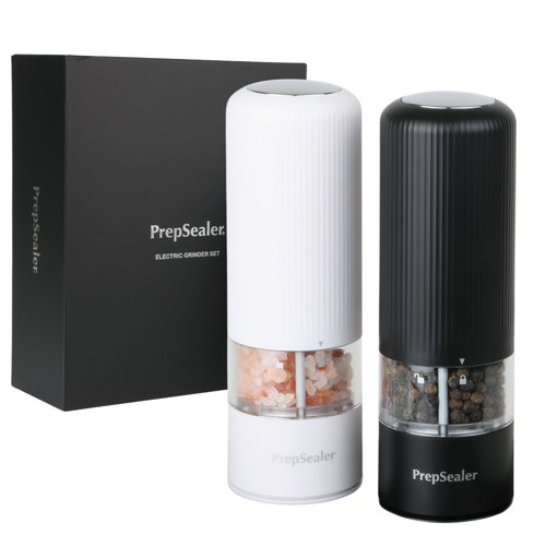 PrepSealer Electric Salt and Pepper Grinder Set, Battery Operated, Led Light, One Handed Operation, Ceramic Adjustable Coarseness (Black and White)