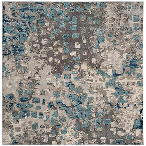 SAFAVIEH Monaco Collection Area Rug - 3' Square, Grey & Light Blue, Boho Chic Abstract Watercolor Design, Non-Shedding & Easy Care, Ideal for High Traffic Areas in Living Room, Bedroom (MNC225E)