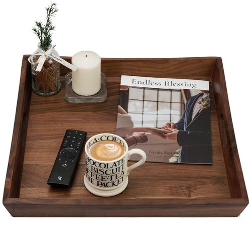 MAGIGO 19 x 19 Inches Large Square Curved Black Walnut Wood Ottoman Tray with Handles, Serve Tea, Coffee Classic Wooden Decorative Serving Tray