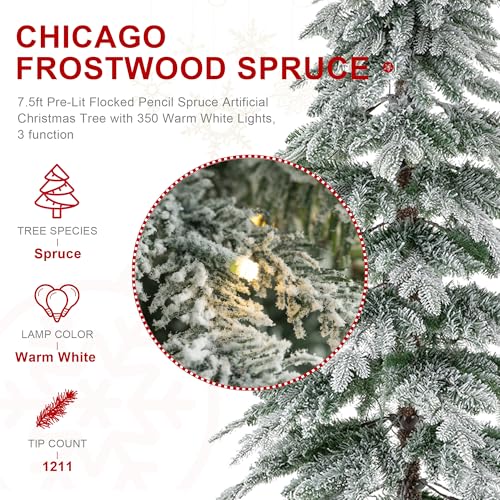 Glitzhome 7.5ft Flocked Pencil Spruce Pre-Lit Christmas Tree with 350 Warm White Lights