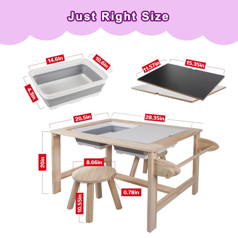 QEKMSY Kids Sensory Bins Table with 2 Stool, Multifunctional Children Interactive Activity Wooden Table Set for 1-3 Years, Drawing Table Play Sand & Water with Storage Bins Lid