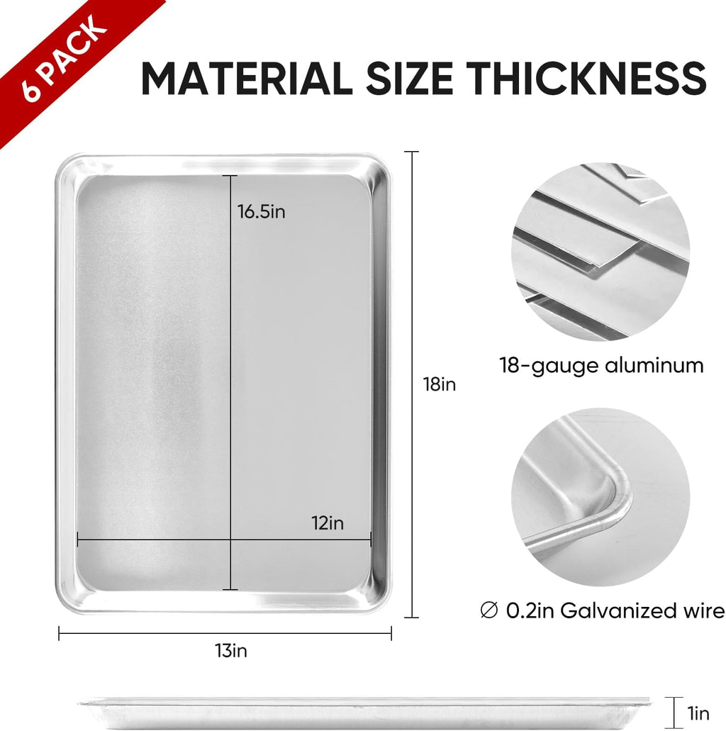 TENUP Aluminum Half Sheet Pan - 6 Pack Heavy Duty Baking Tray | 18" x 13" Warp-Resistant, Rust-Free
