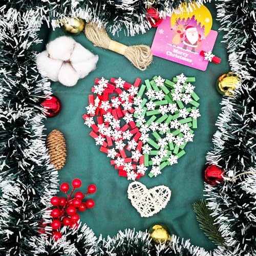 50pcs Red & Green Snowflake Mini Clothespins - Wooden Photo Clips for Christmas Cards & Crafts
