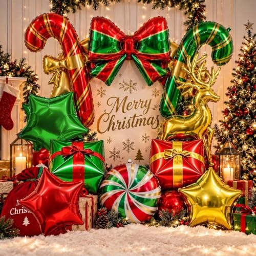 Pinbra Christmas Foil Balloons Kit - Candy Cane, Reindeer, Star & Gift Box Party Decorations